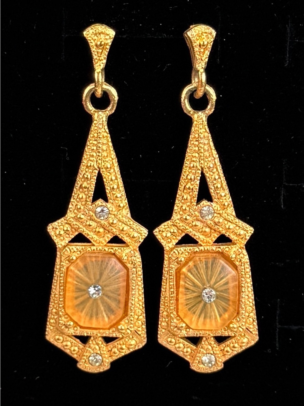 Goldtone Art Deco Drop Pierced Earrings